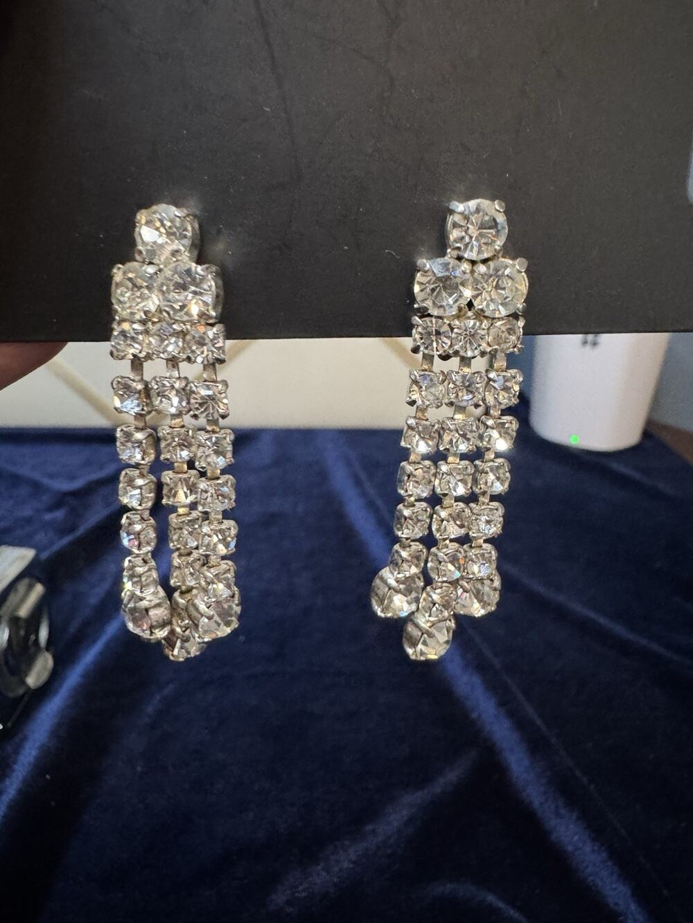 Vintage Rhinestone Waterfall Dangle Clip On Earrings Silver Tone Bridal Glam